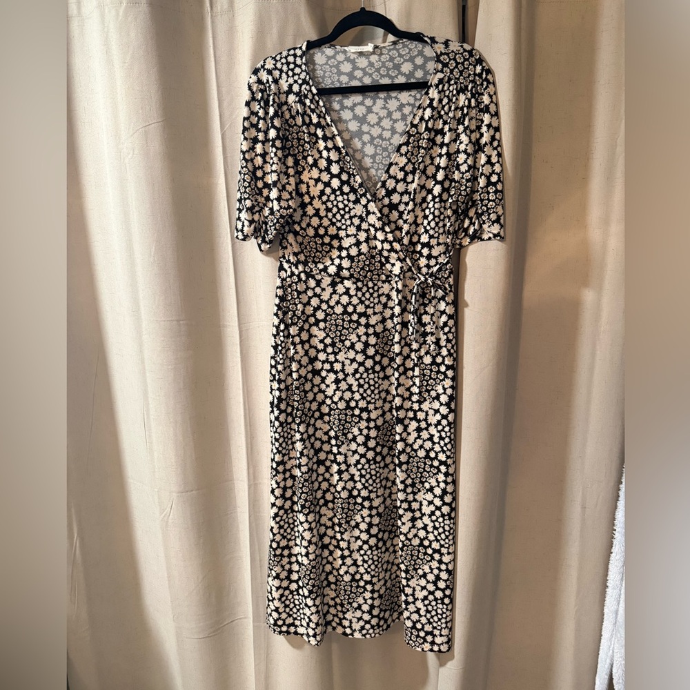 Floral Black and White Maxi Length Wrap Dress